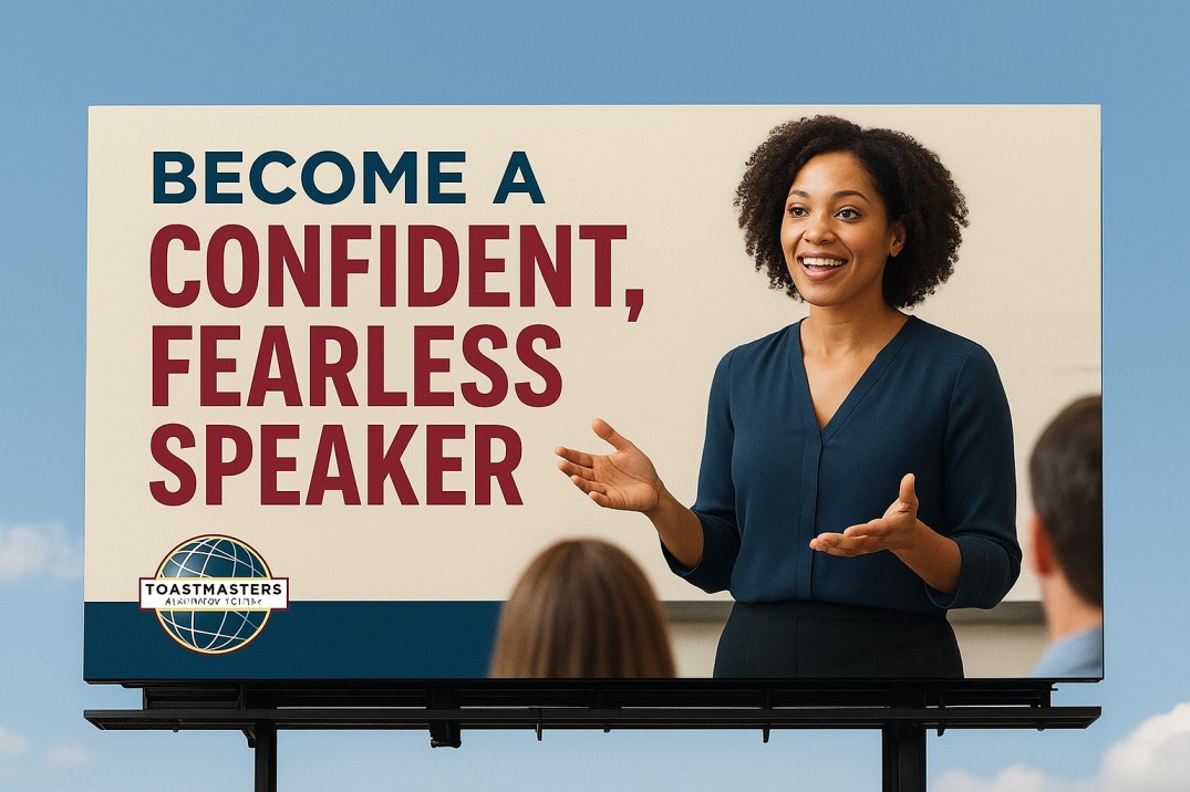 Billboard with woman talking to group of people and displaying the message "Become a Confident, Fearless Speaker"